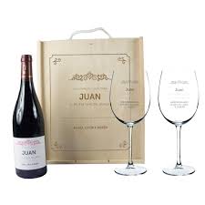 Botella de Madera Personalizable para Vino con Copas de Regalo